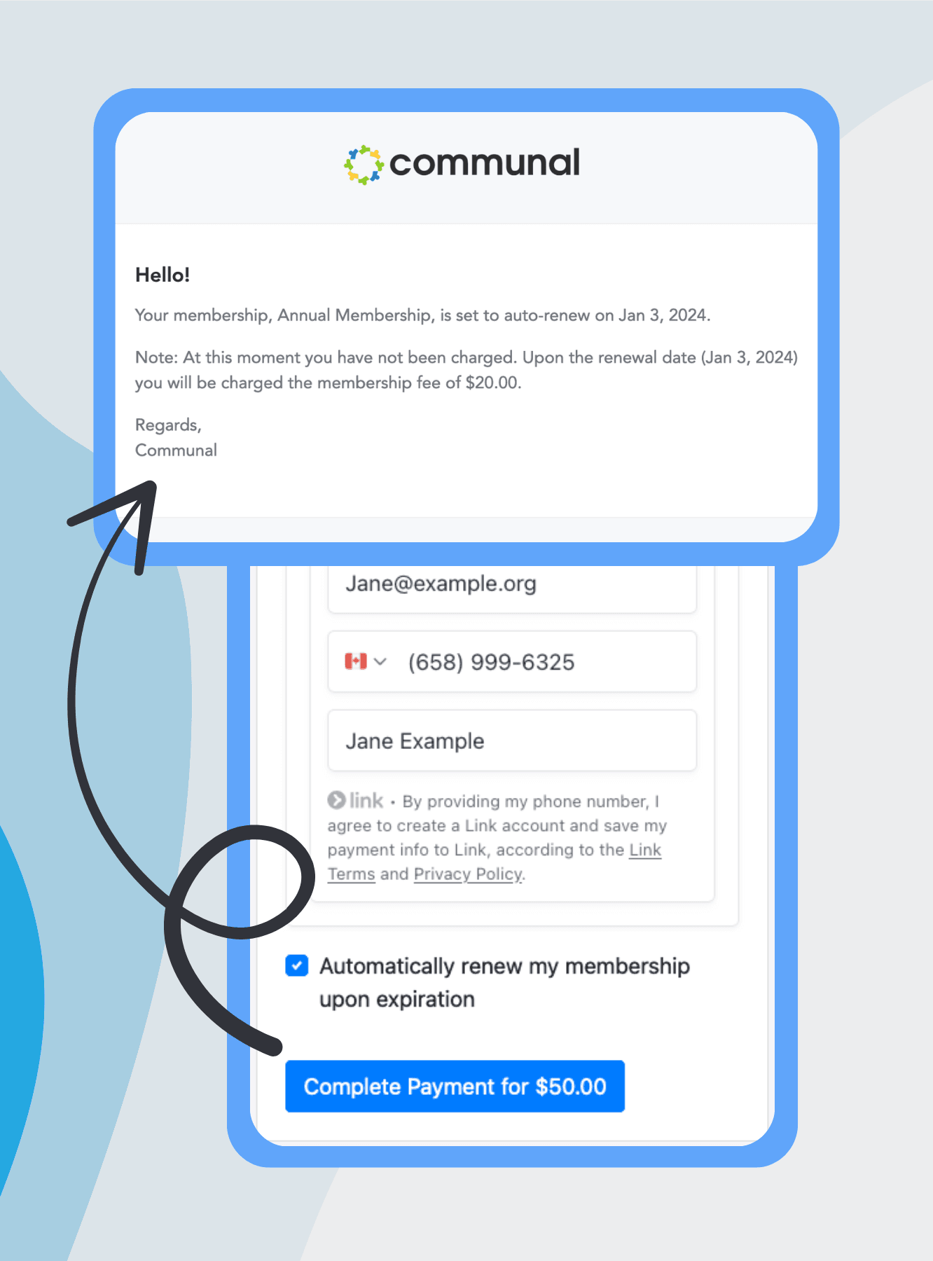 Automated membership renewal software showing renewal reminders and auto-renew settings