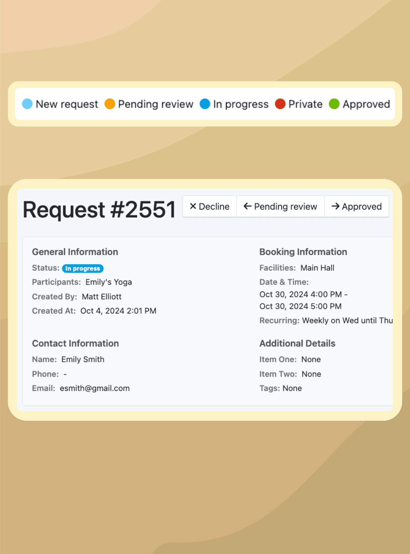 Facility booking status workflow showing request, approval, and completion states