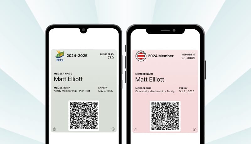 Digital membership card in Apple Wallet showing member name, QR code, and expiration date