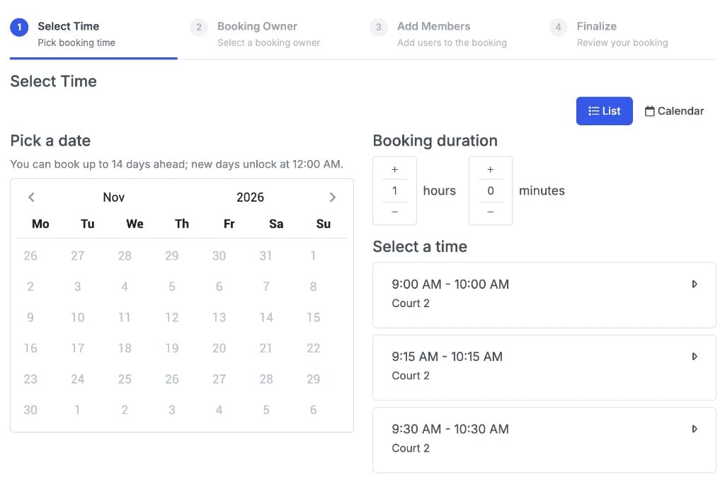 Facility booking Select Time step with calendar, duration, list of available slots, and Court 2 reservations