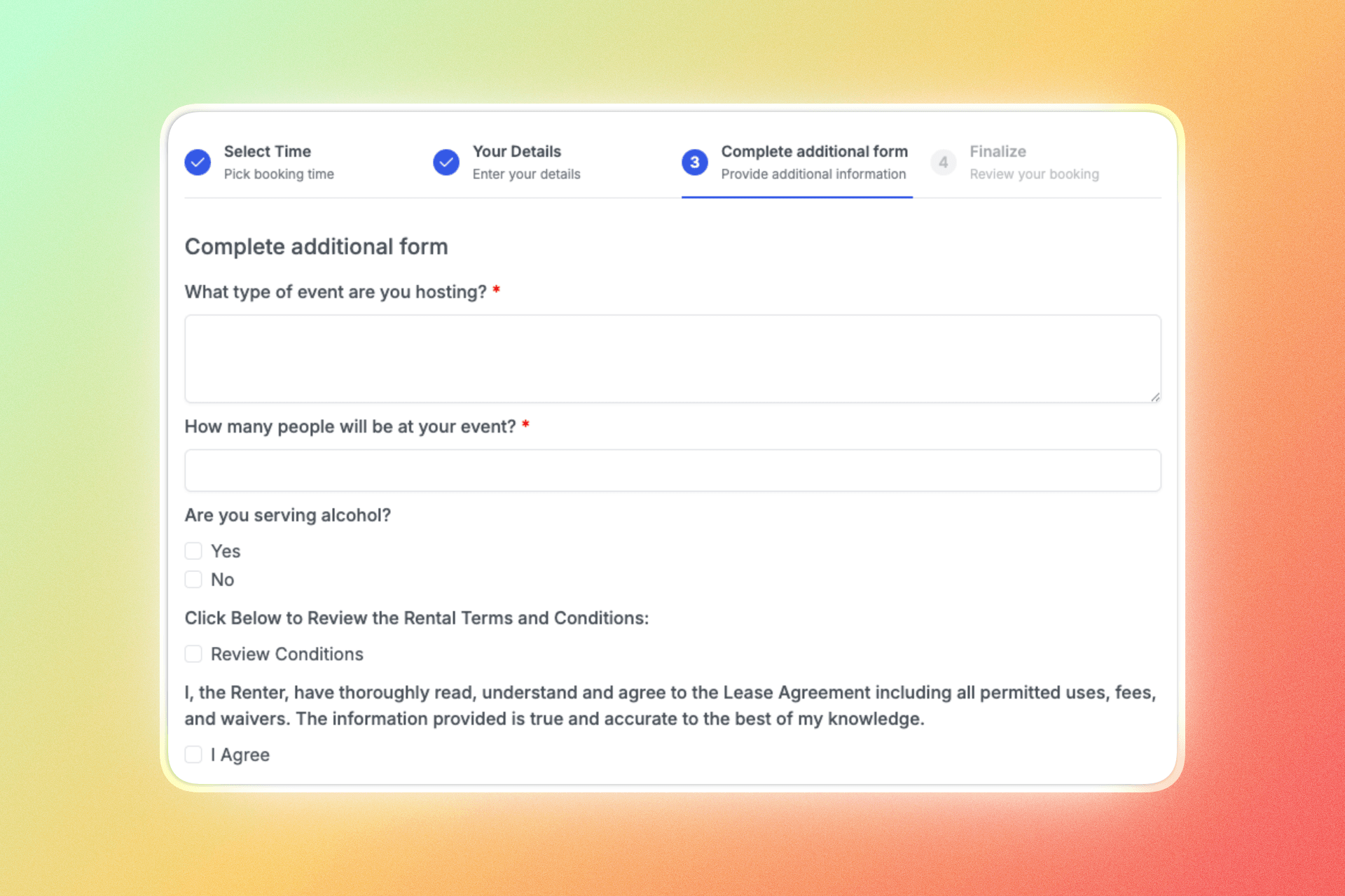Online facility rental request form showing booking details and rental agreement