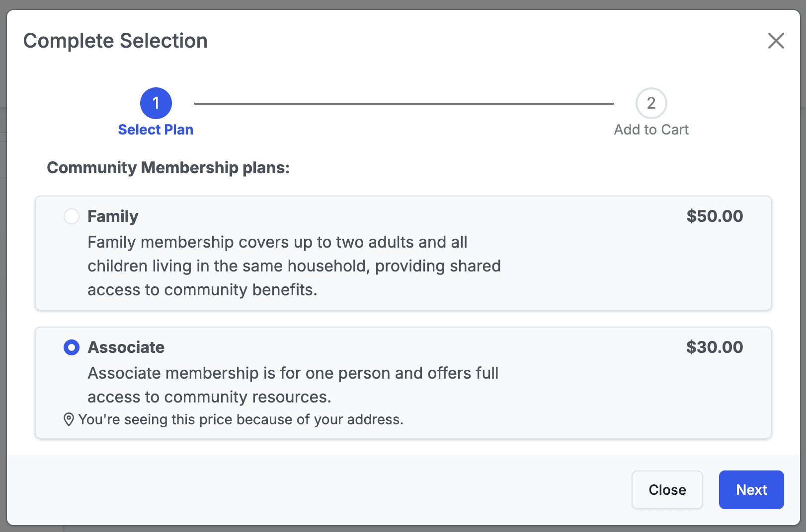 Member registration with automatic address verification and pricing