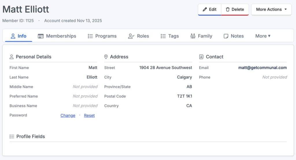 Communal admin member profile with Info tab showing personal details, address, and contact on one record