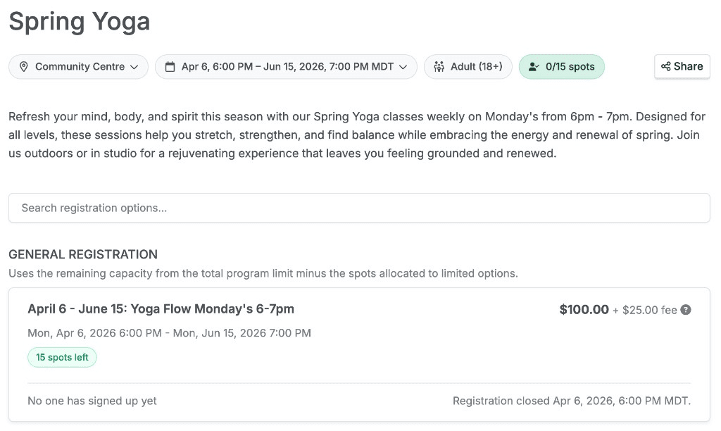 Communal member-facing program page with sessions, capacity, and registration checkout