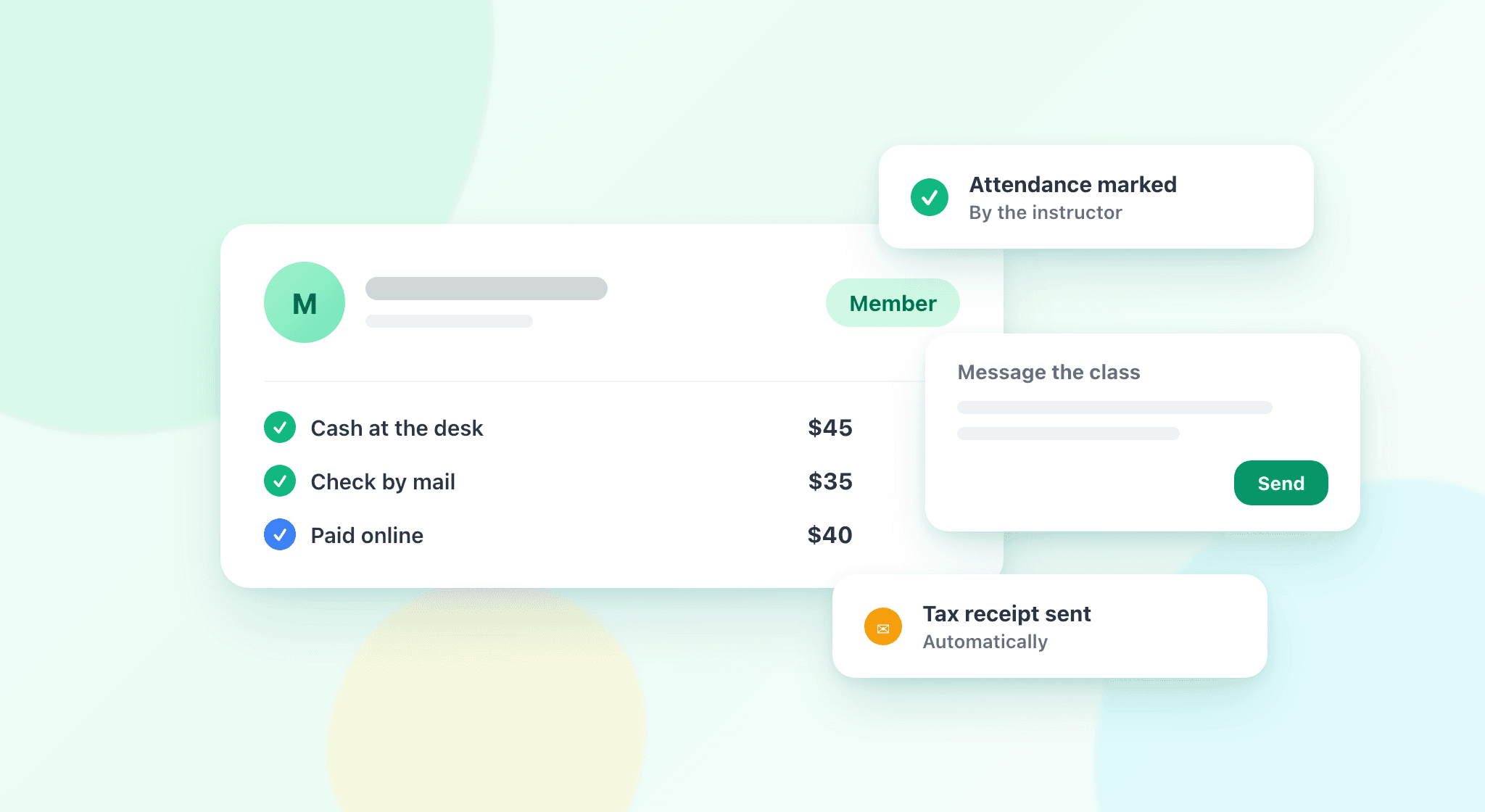 Illustration of one member record collecting cash, check, and online payments with attendance, class messaging, and automatic tax receipts