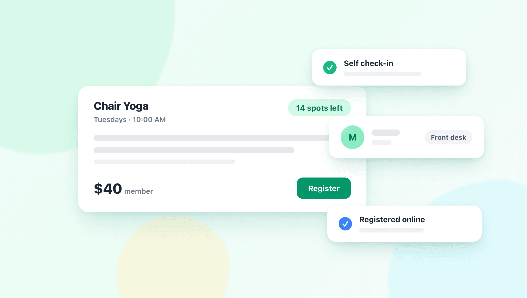 Illustration of a chair yoga program card with member pricing, spots remaining, and self check-in, front desk, and online registrations landing in one place