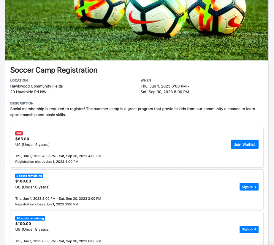 Communal software showing soccer registration